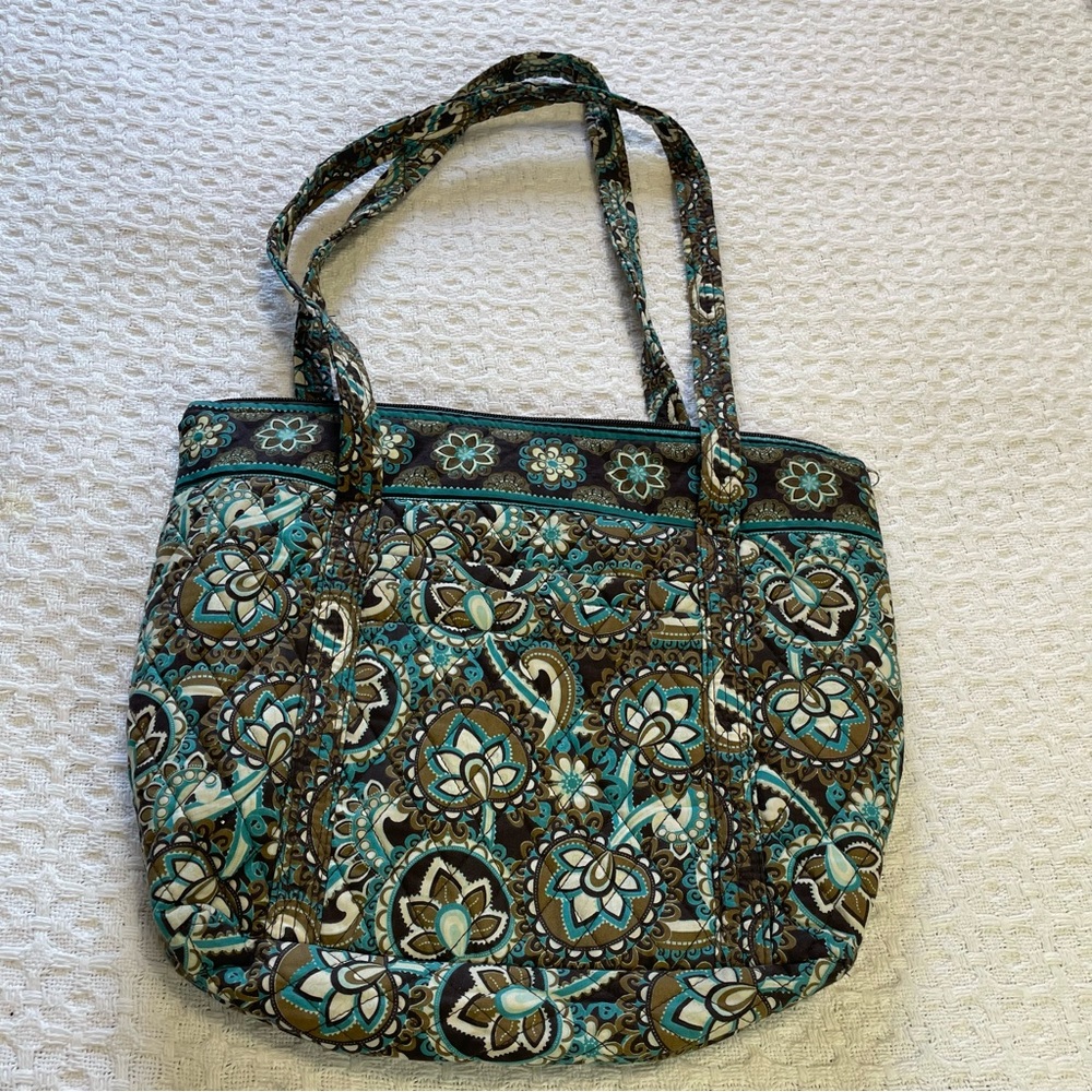 Floral Patterned Quilted‎ Tote Bag - Teal and Brown.